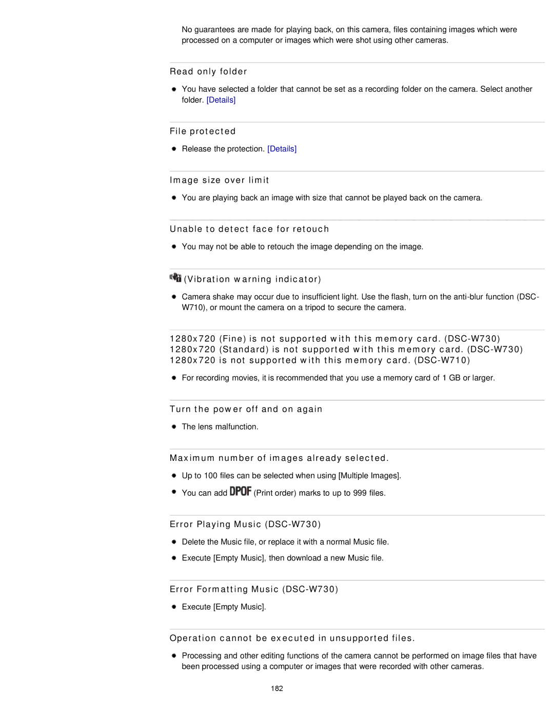Sony DSCW730/L, DSC-W710/B manual Read only folder, File protected, Image size over limit, Unable to detect face for retouch 