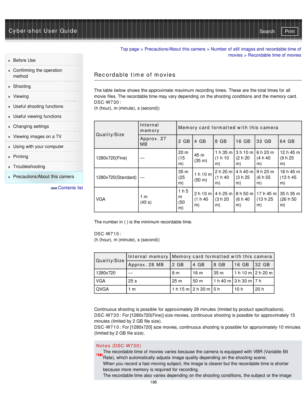 Sony DSCW730/P, DSC-W710/B, DSCW710/B, DSCW730/L, DSCW710/P manual Recordable time of movies, Qvga 