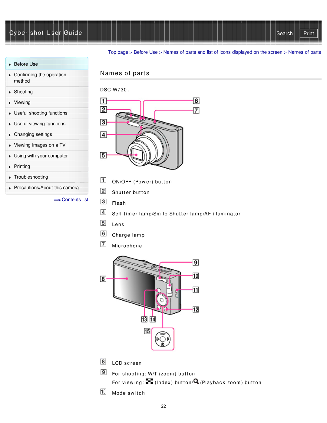 Sony DSCW730/P, DSC-W710/B, DSCW710/B, DSCW730/L, DSCW710/P manual Names of parts 