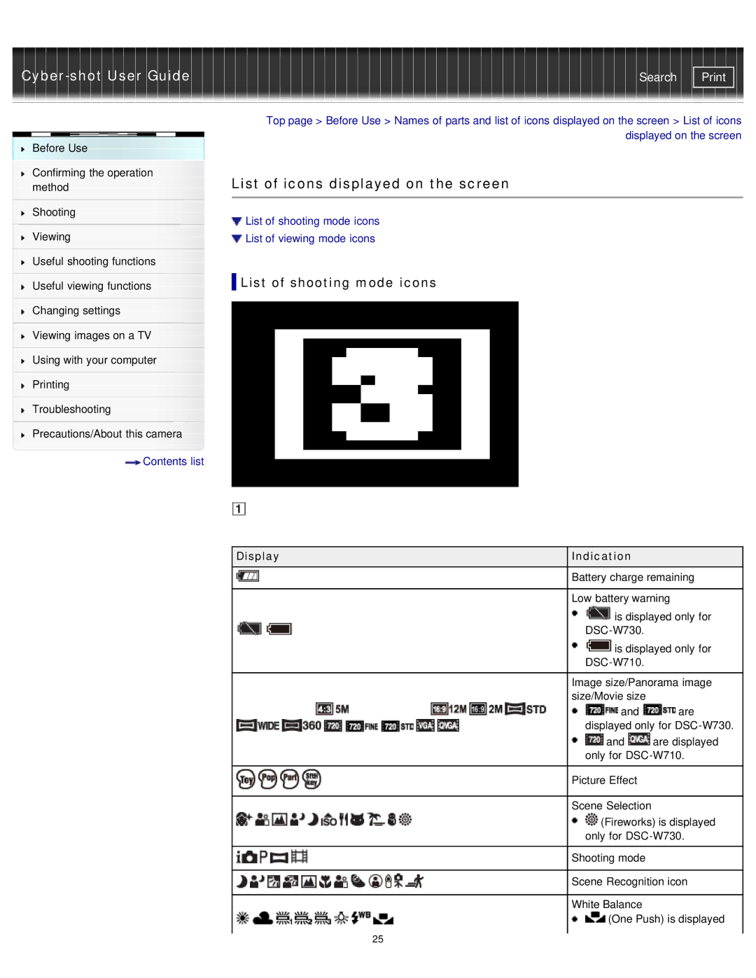 Sony DSCW710/B, DSC-W710/B, DSCW730 List of icons displayed on the screen, List of shooting mode icons, Display Indication 