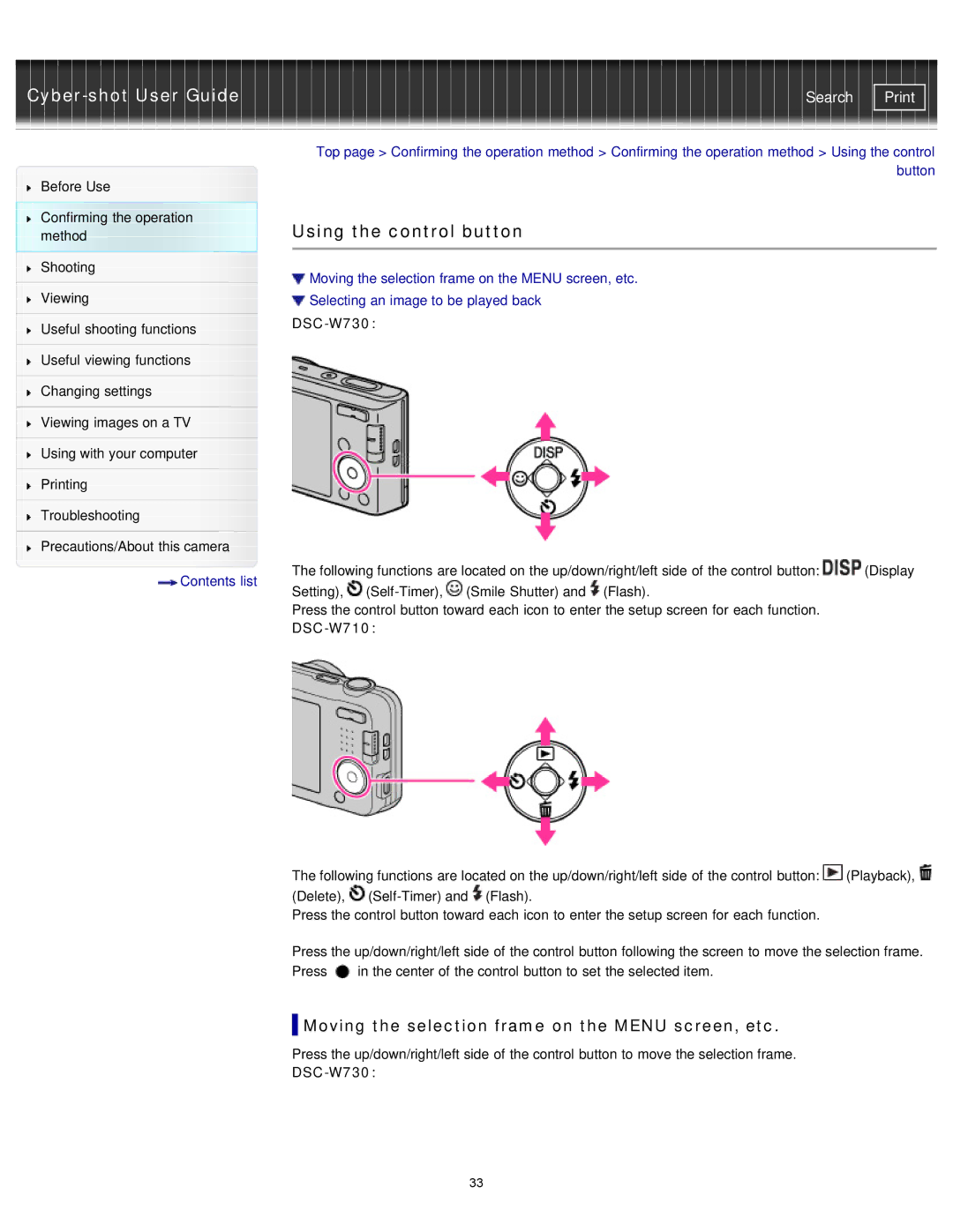 Sony DSCW710/P, DSC-W710/B, DSCW730 Using the control button, Moving the selection frame on the Menu screen, etc, DSC-W730 