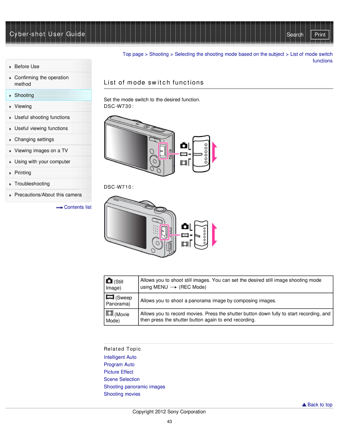 Sony DSCW710/B, DSC-W710/B, DSCW730/L, DSCW710/P, DSCW730/P manual List of mode switch functions, DSC-W730 DSC-W710 