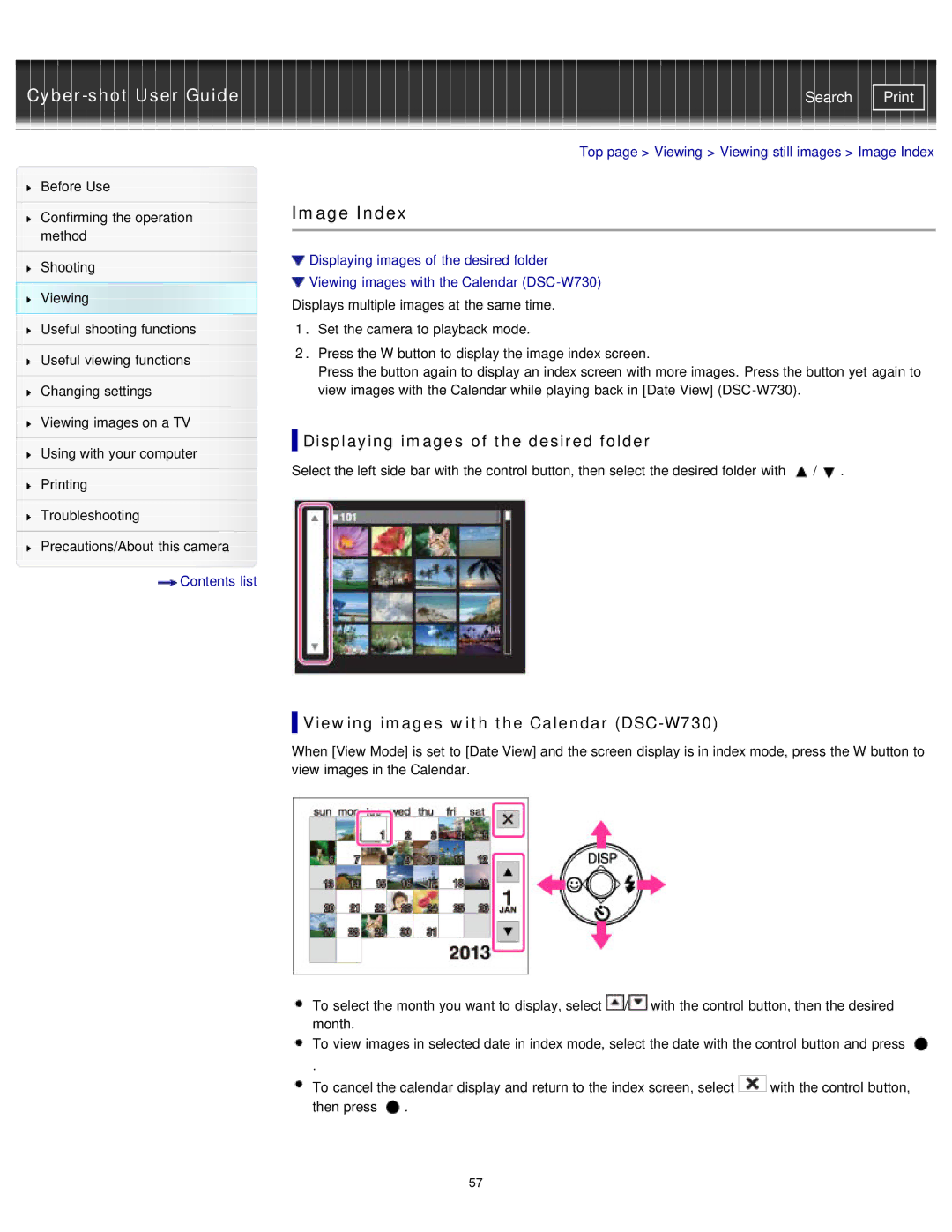 Sony DSCW710/P, DSC-W710/B Image Index, Displaying images of the desired folder, Viewing images with the Calendar DSC-W730 