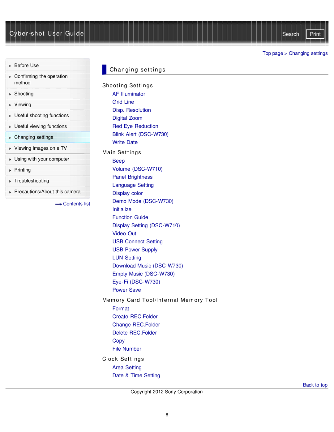 Sony DSCW730/L Changing settings, Shooting Settings, Main Settings, Memory Card Tool/Internal Memory Tool, Clock Settings 