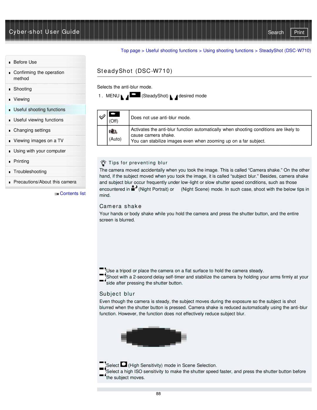Sony DSCW730/P, DSC-W710/B, DSCW710/B, DSCW730/L, DSCW710/P manual SteadyShot DSC-W710, Camera shake, Subject blur 