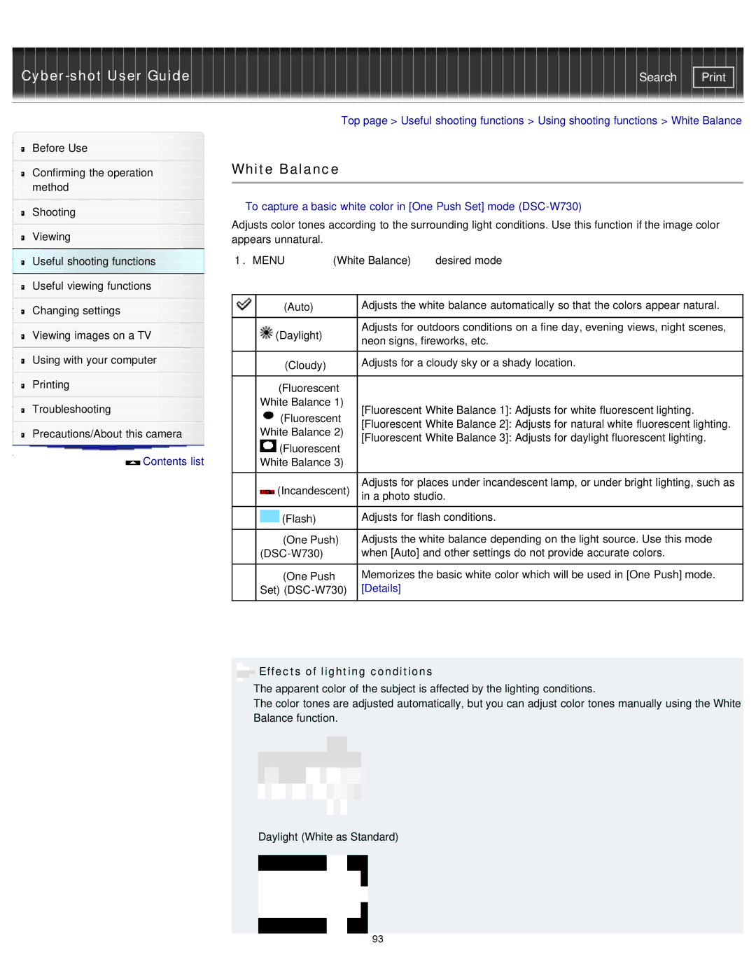 Sony DSCW710/P, DSC-W710/B, DSCW710/B, DSCW730/L, DSCW730/P manual White Balance, Effects of lighting conditions 
