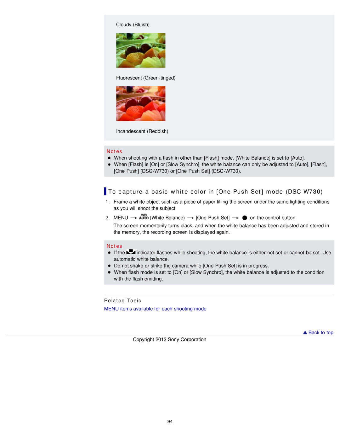 Sony DSCW730/P, DSC-W710/B, DSCW710/B, DSCW730/L, DSCW710/P manual To capture a basic white color in One Push Set mode DSC-W730 