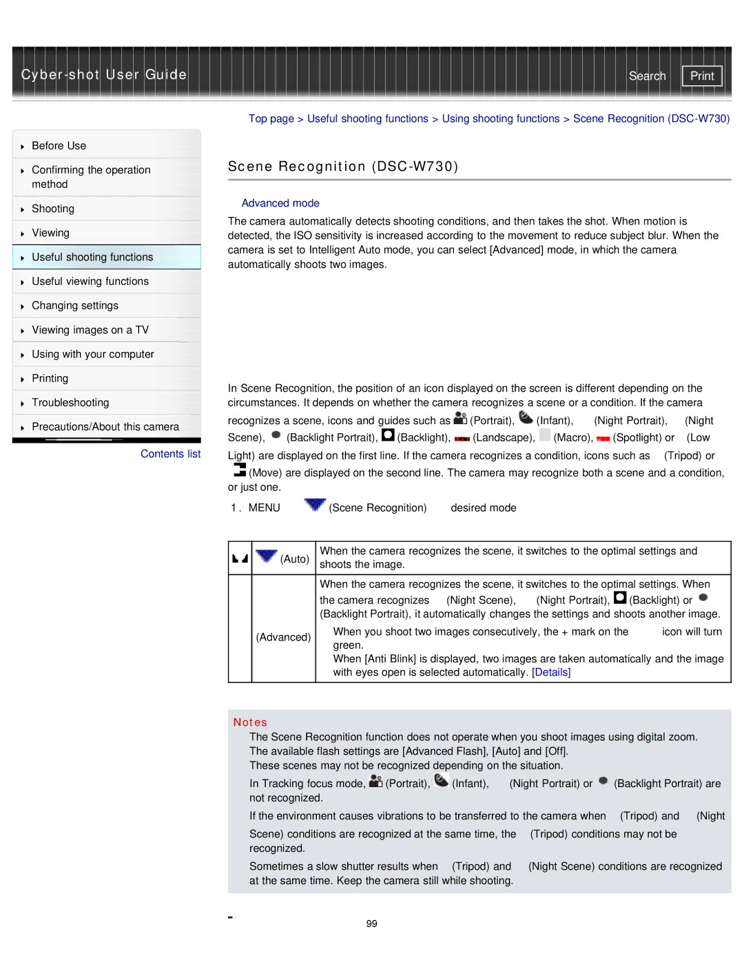 Sony DSCW710/P, DSC-W710/B, DSCW710/B, DSCW730/L, DSCW730/P manual Scene Recognition DSC-W730, Advanced mode 