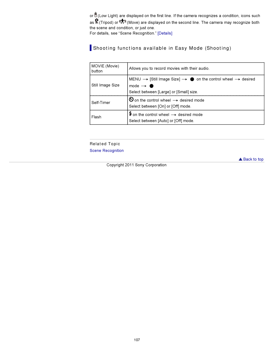 Sony DSC-WX10 manual Shooting functions available in Easy Mode Shooting, Related Topic 