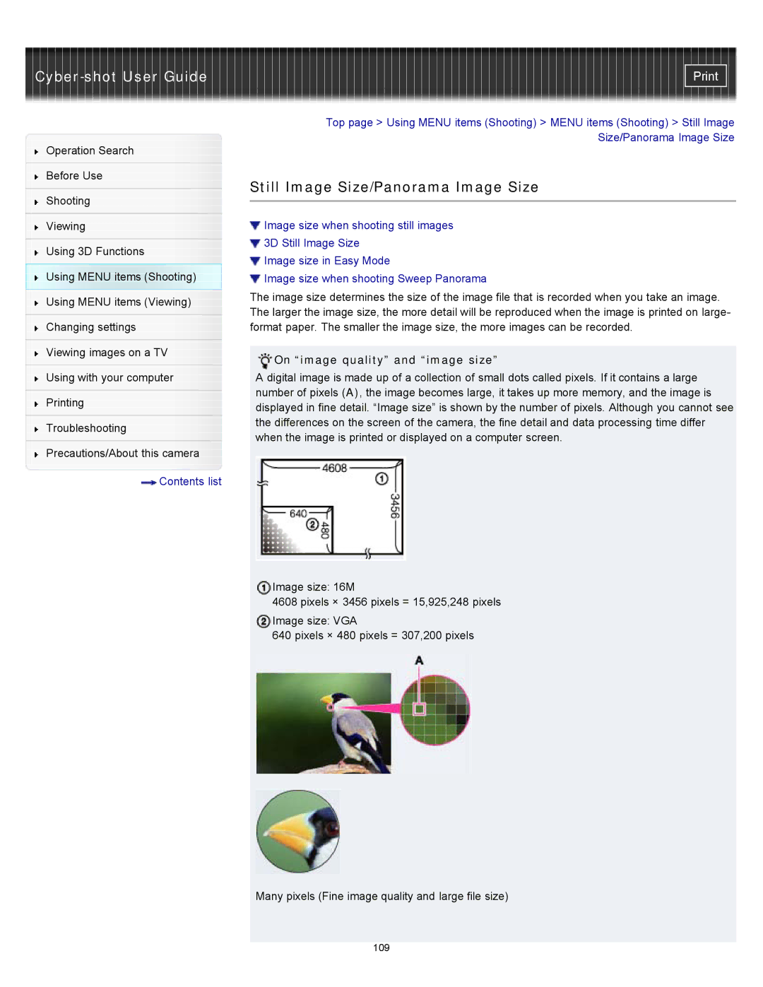 Sony DSC-WX10 manual Still Image Size/Panorama Image Size, On image quality and image size 