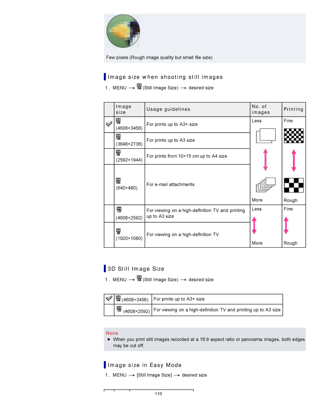 Sony DSC-WX10 manual Image size when shooting still images, 3D Still Image Size, Image size in Easy Mode 