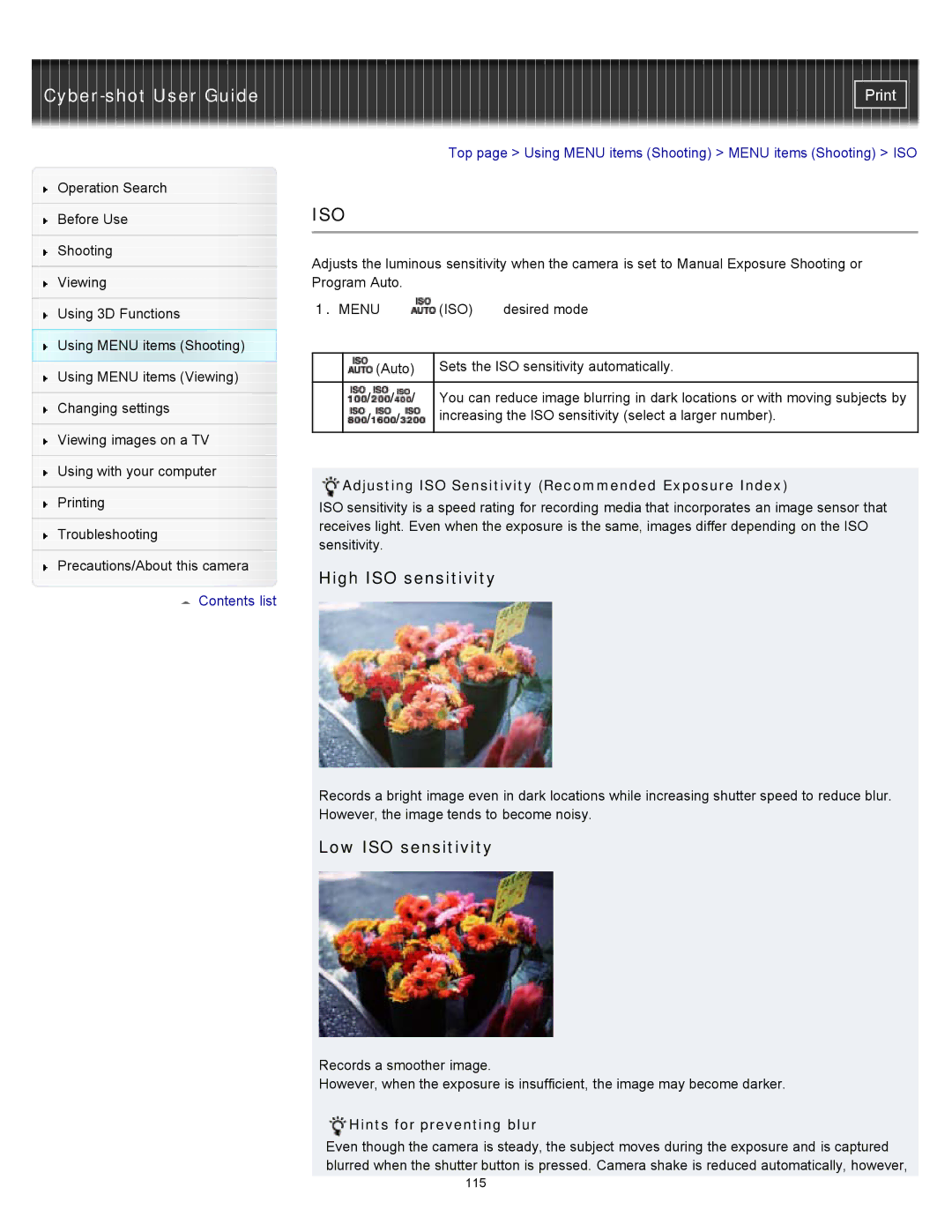 Sony DSC-WX10 manual High ISO sensitivity, Low ISO sensitivity, Adjusting ISO Sensitivity Recommended Exposure Index 