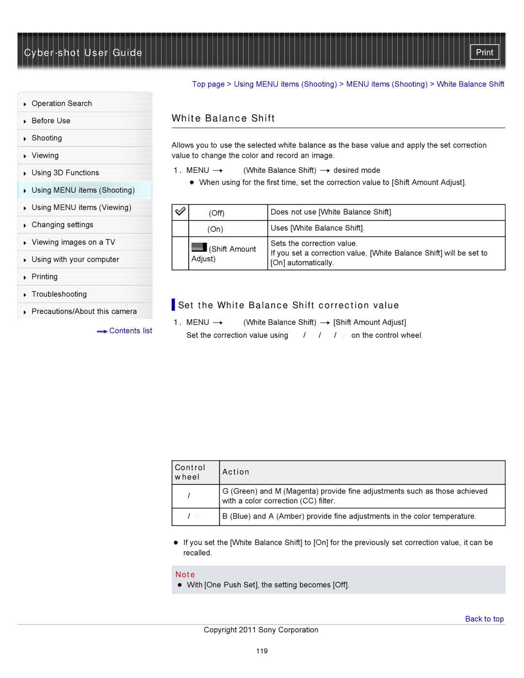 Sony DSC-WX10 manual Set the White Balance Shift correction value 