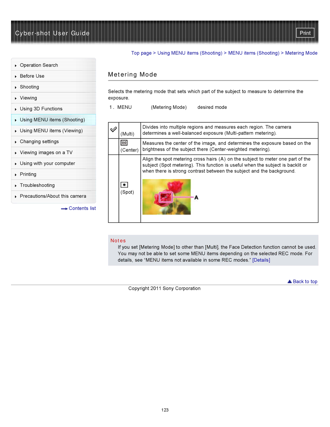 Sony DSC-WX10 manual Metering Mode 