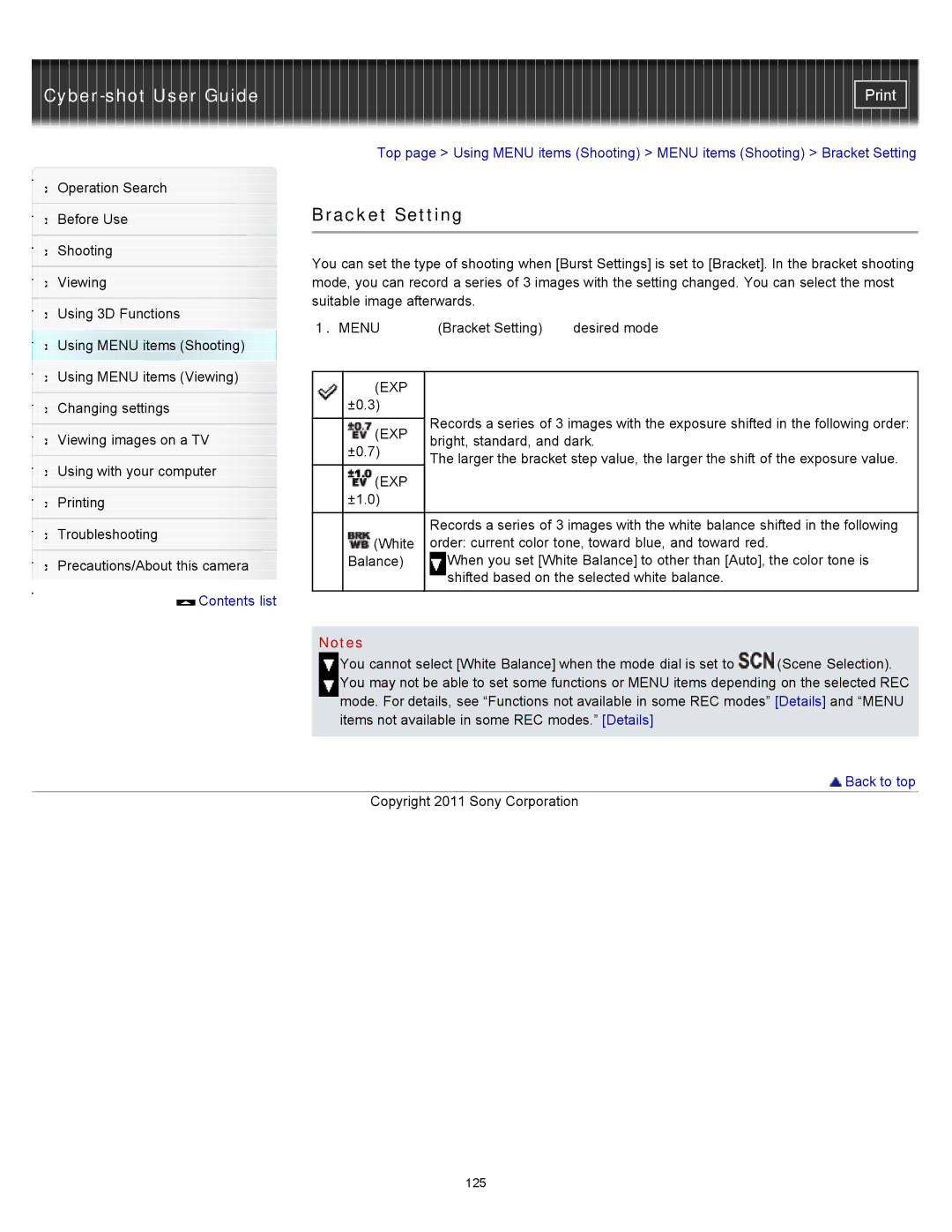 Sony DSC-WX10 manual Bracket Setting 