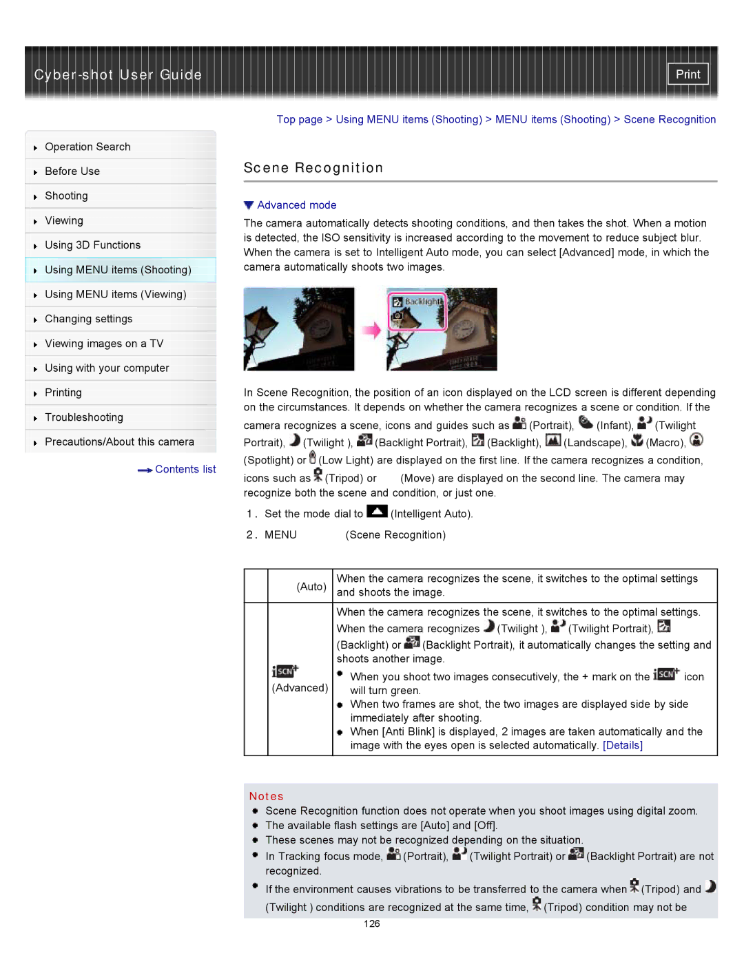 Sony DSC-WX10 manual Scene Recognition, Advanced mode 