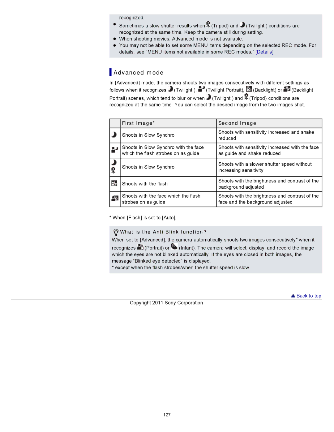 Sony DSC-WX10 manual Advanced mode, First Image Second Image, What is the Anti Blink function? 