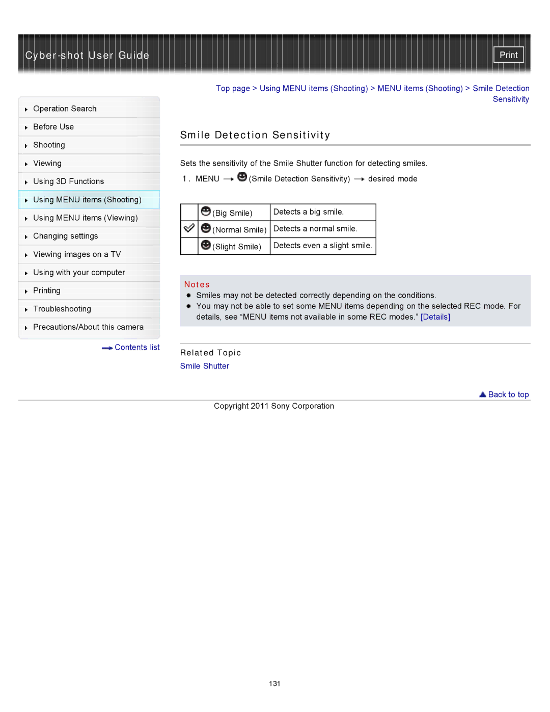 Sony DSC-WX10 manual Smile Detection Sensitivity 