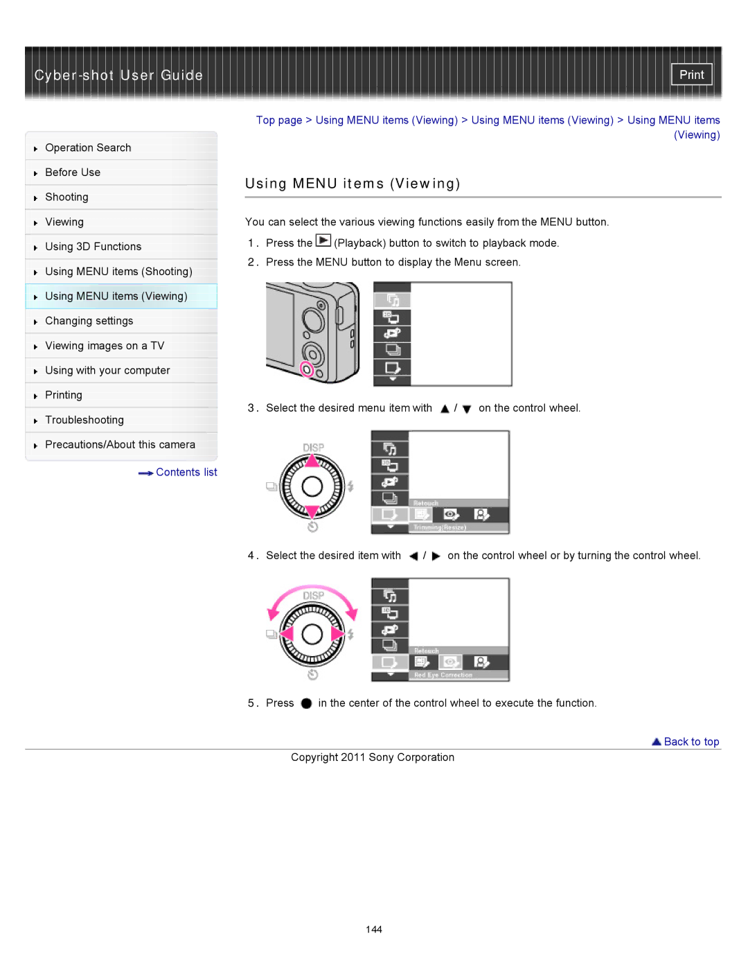 Sony DSC-WX10 manual Using Menu items Viewing 