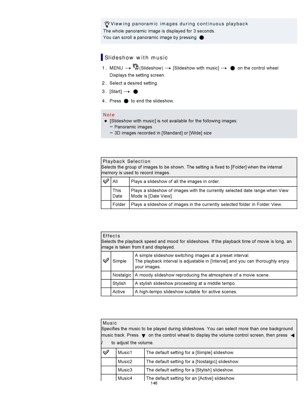 Sony DSC-WX10 manual Slideshow with music, Viewing panoramic images during continuous playback, Playback Selection, Effects 
