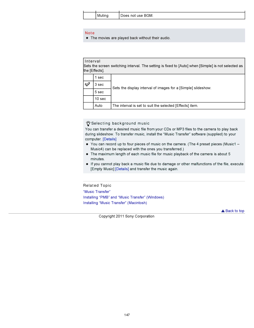 Sony DSC-WX10 manual Interval, Selecting background music 