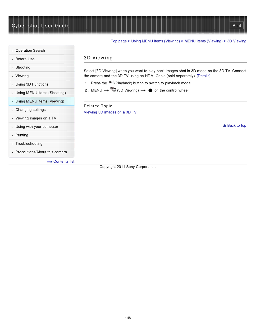 Sony DSC-WX10 manual 3D Viewing 