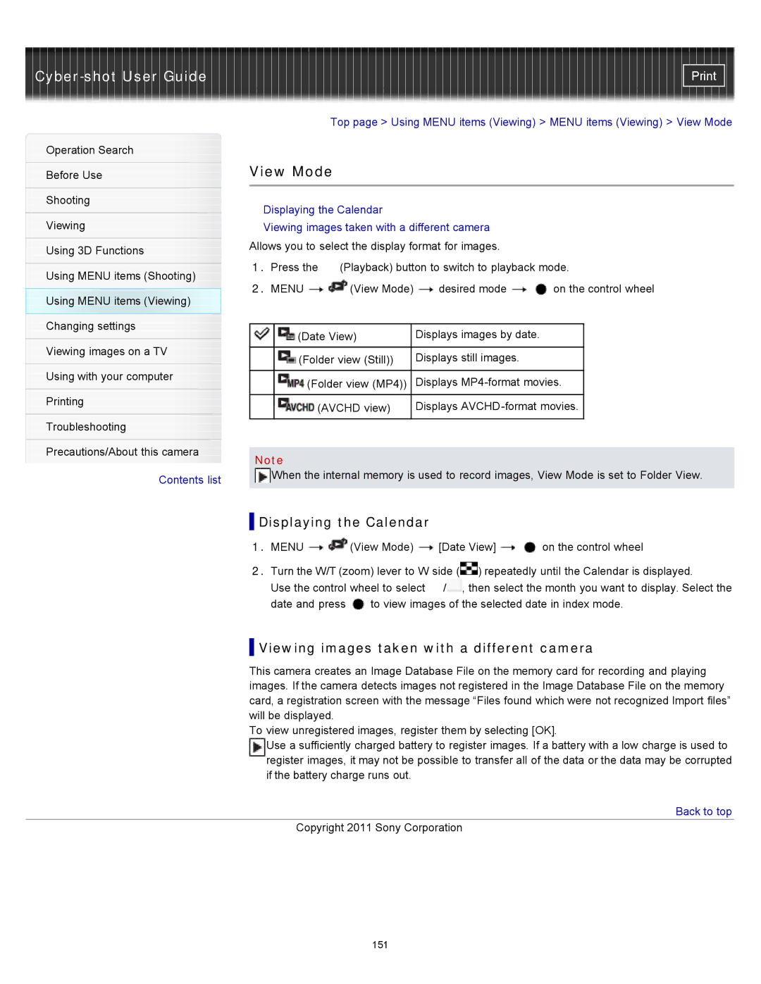 Sony DSC-WX10 manual View Mode, Displaying the Calendar, Viewing images taken with a different camera 