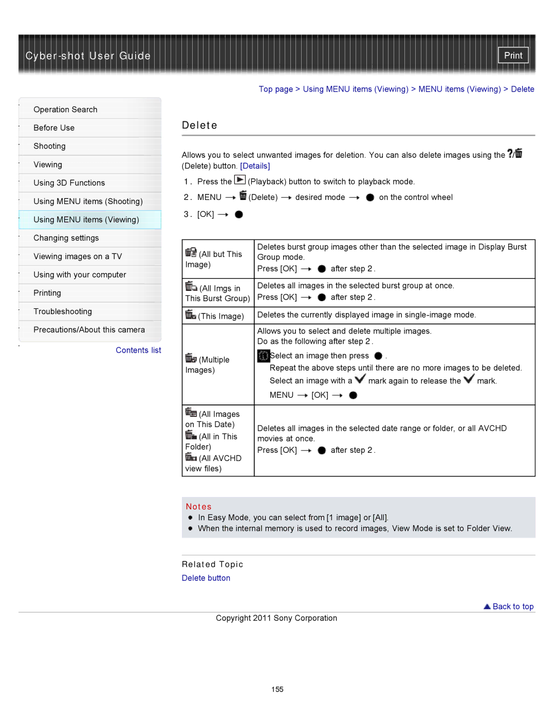 Sony DSC-WX10 manual Delete, Related Topic 