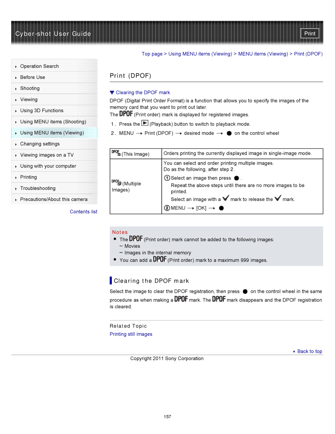 Sony DSC-WX10 manual Print Dpof, Clearing the Dpof mark 