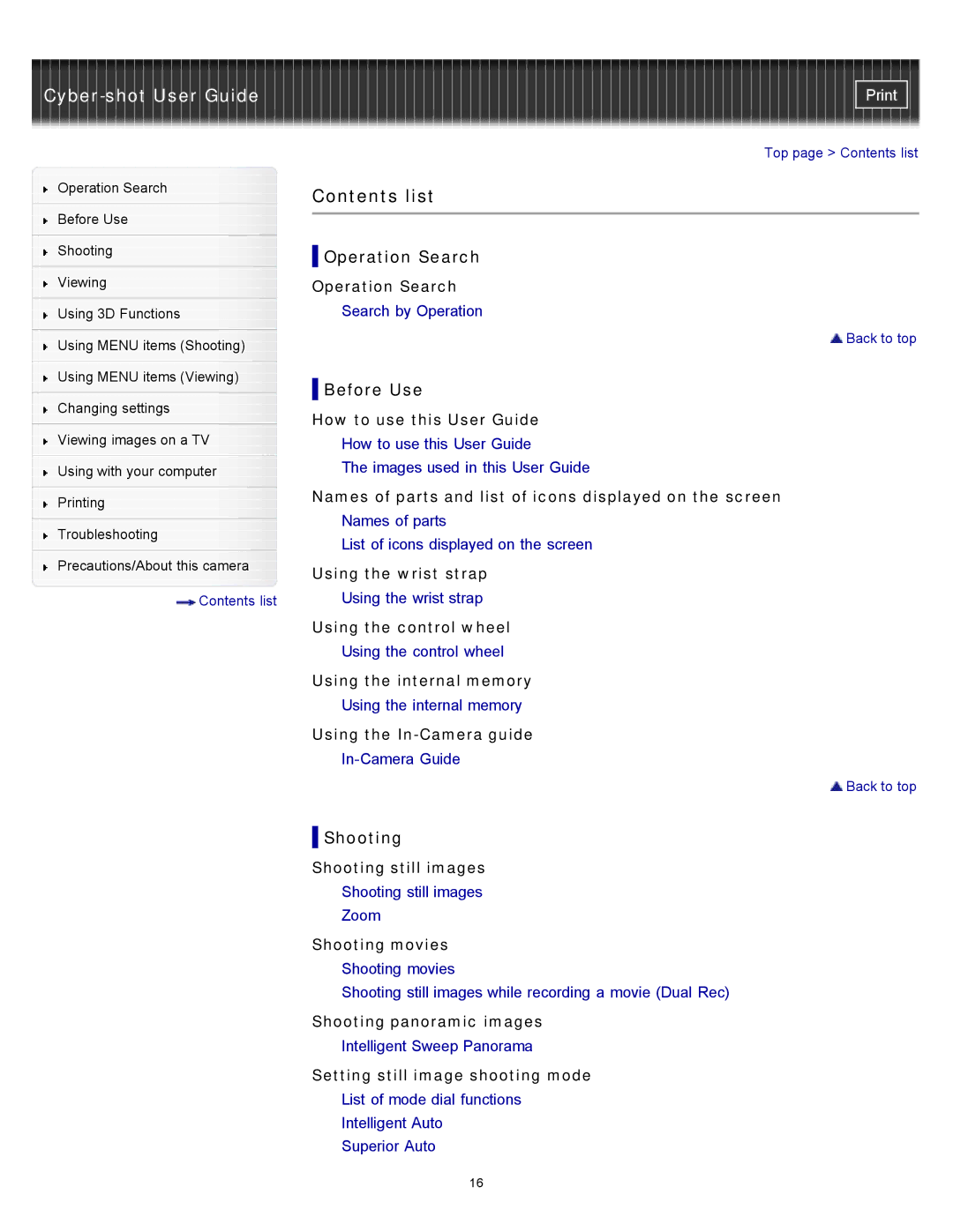 Sony DSC-WX10 manual Contents list 