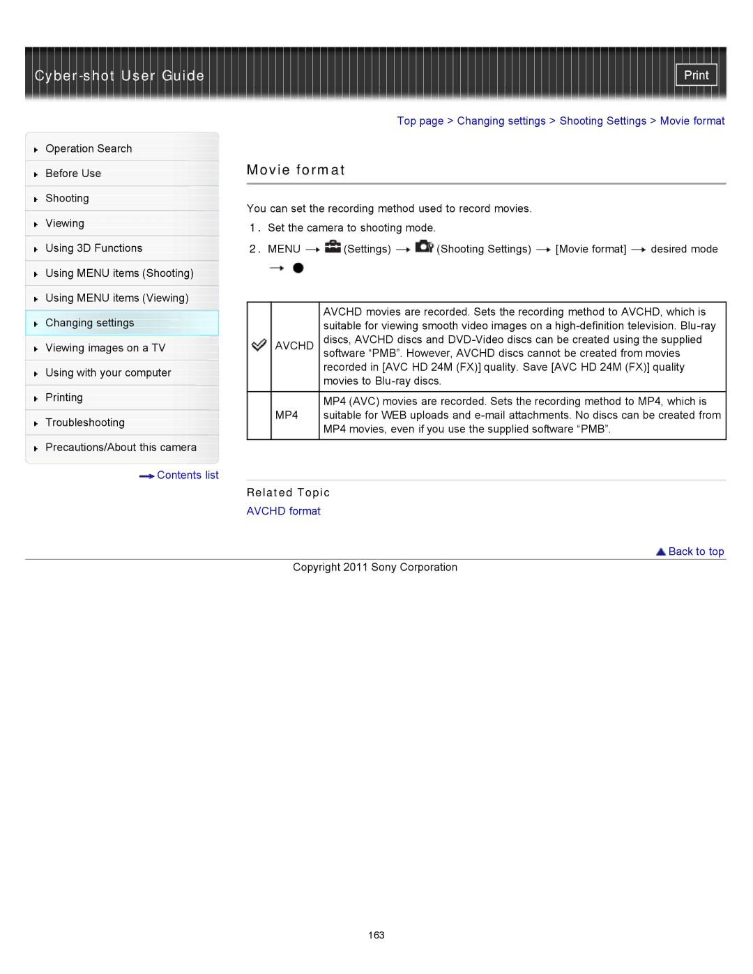 Sony DSC-WX10 manual Movie format, Avchd 