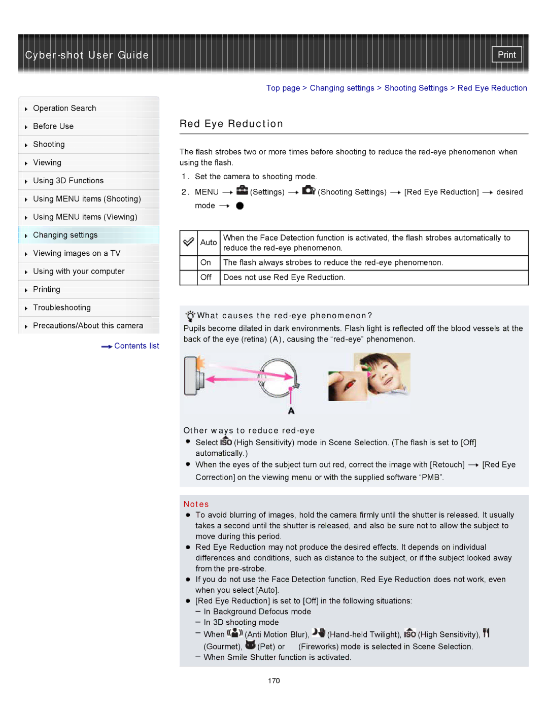 Sony DSC-WX10 manual Red Eye Reduction, What causes the red-eye phenomenon?, Other ways to reduce red-eye 