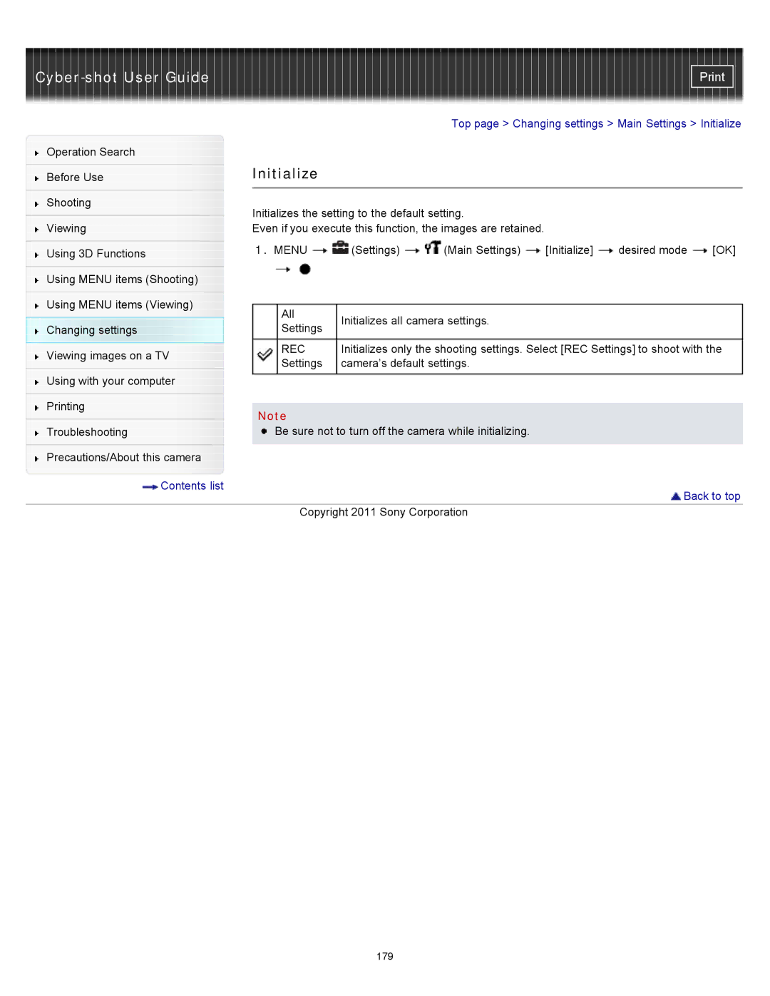 Sony DSC-WX10 manual Initialize 