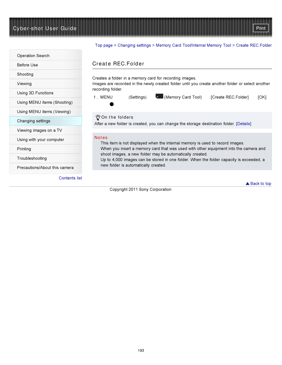 Sony DSC-WX10 manual Create REC.Folder, On the folders 