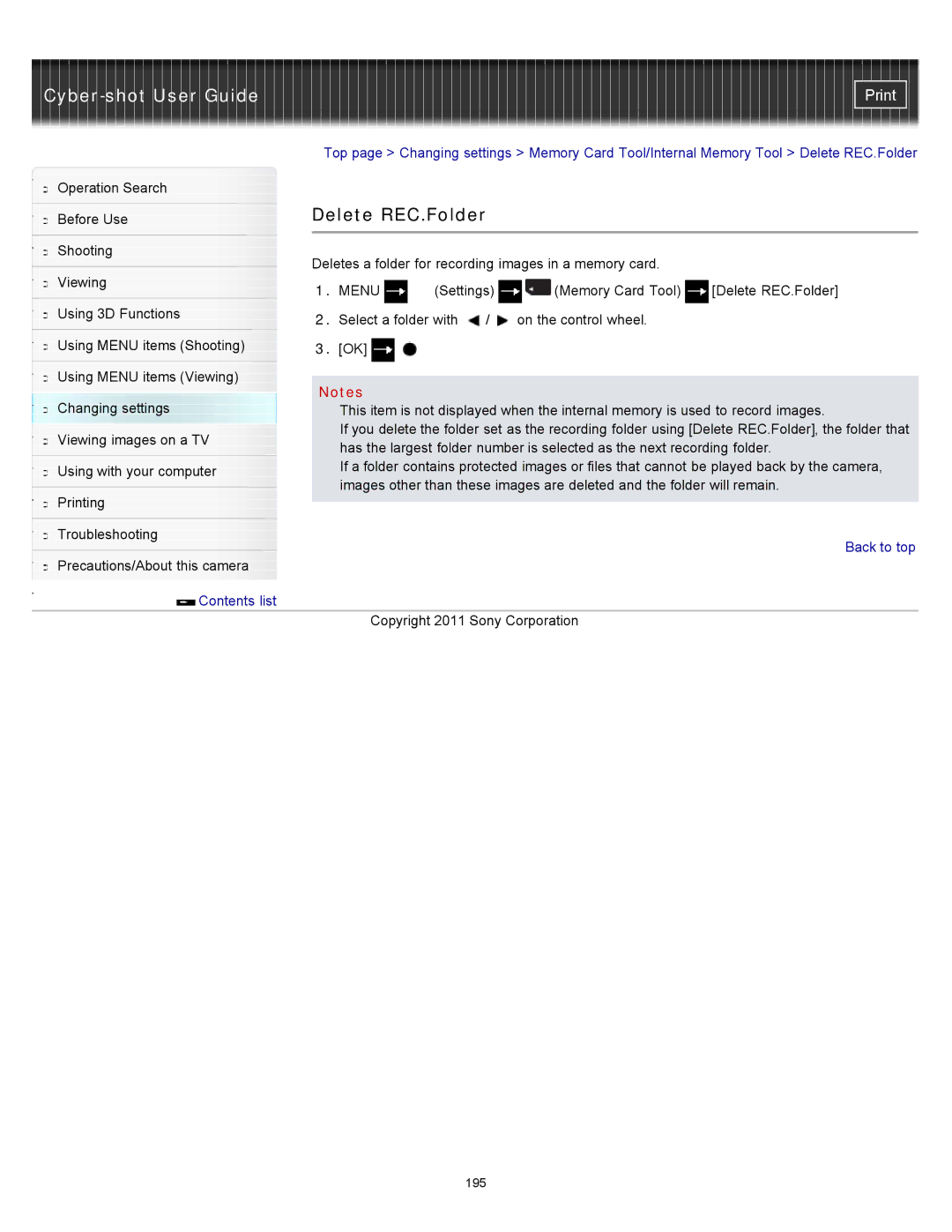 Sony DSC-WX10 manual Delete REC.Folder 