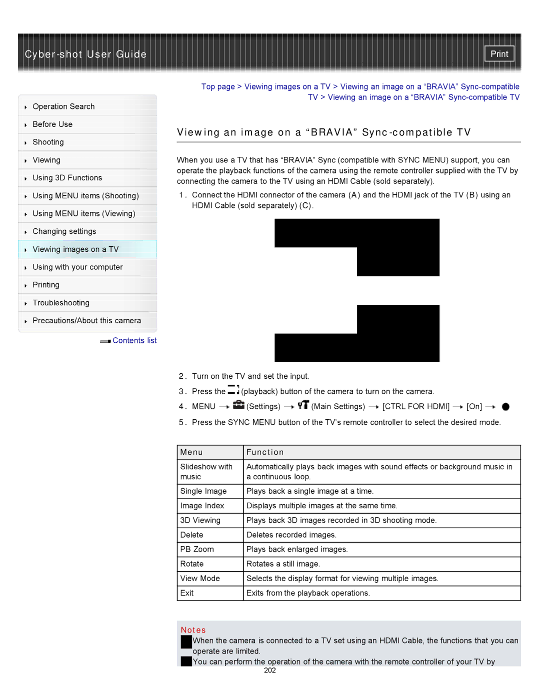 Sony DSC-WX10 manual Viewing an image on a Bravia Sync-compatible TV, Menu Function 