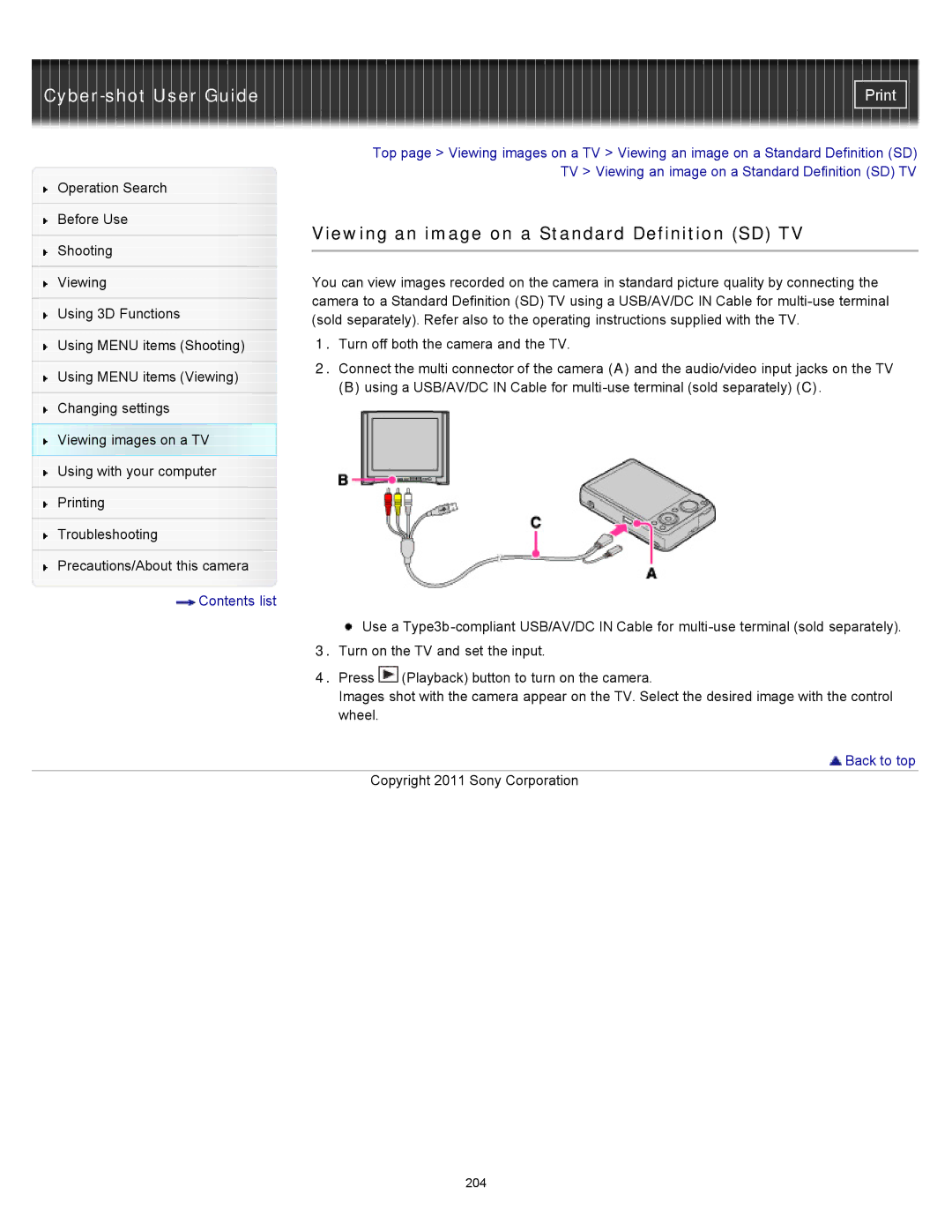 Sony DSC-WX10 manual Viewing an image on a Standard Definition SD TV 