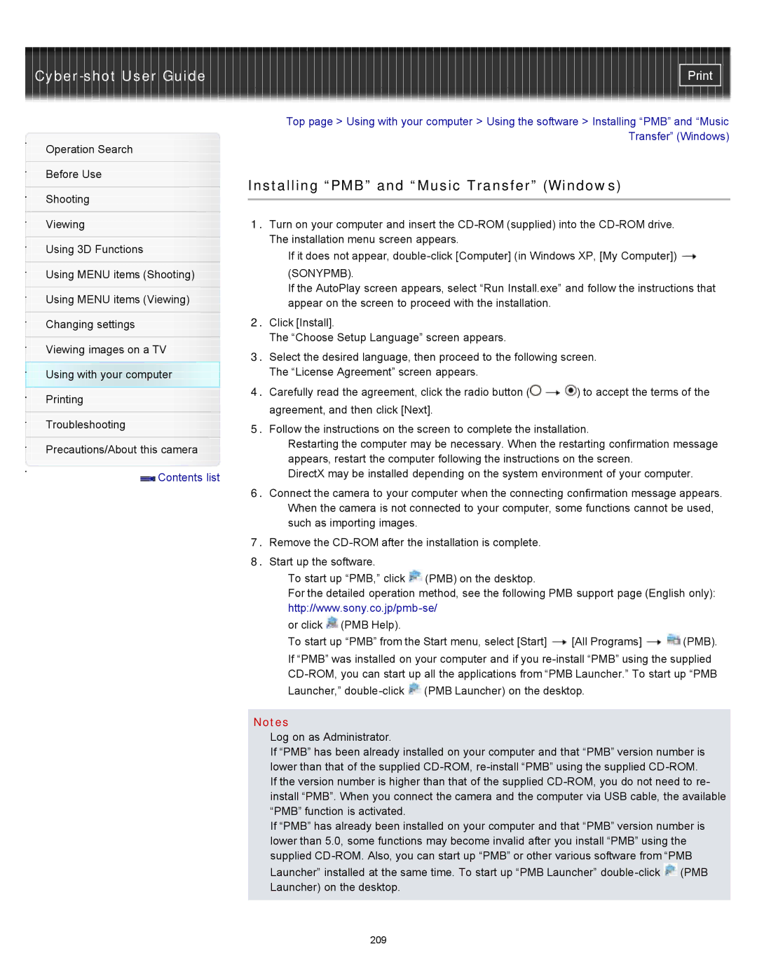 Sony DSC-WX10 manual Installing PMB and Music Transfer Windows, Sonypmb 