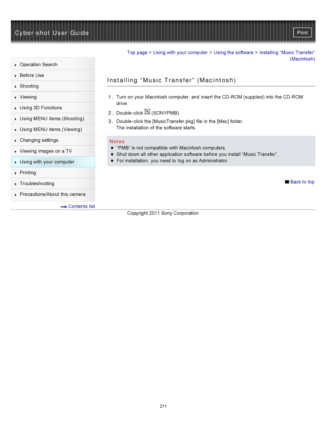 Sony DSC-WX10 manual Installing Music Transfer Macintosh 