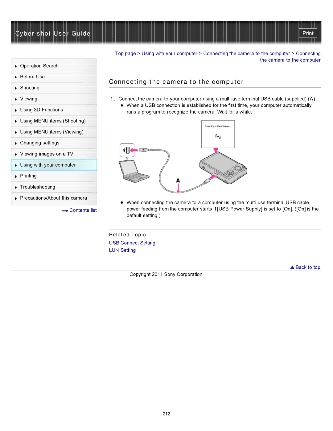 Sony DSC-WX10 manual Connecting the camera to the computer, Related Topic 