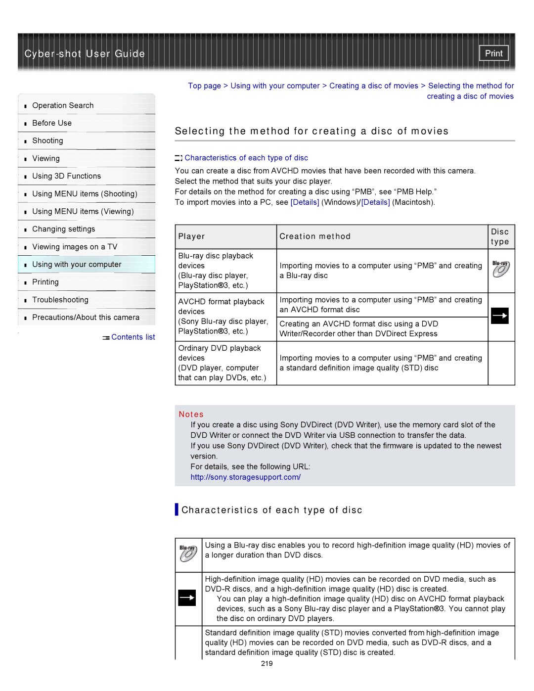 Sony DSC-WX10 manual Selecting the method for creating a disc of movies, Characteristics of each type of disc 