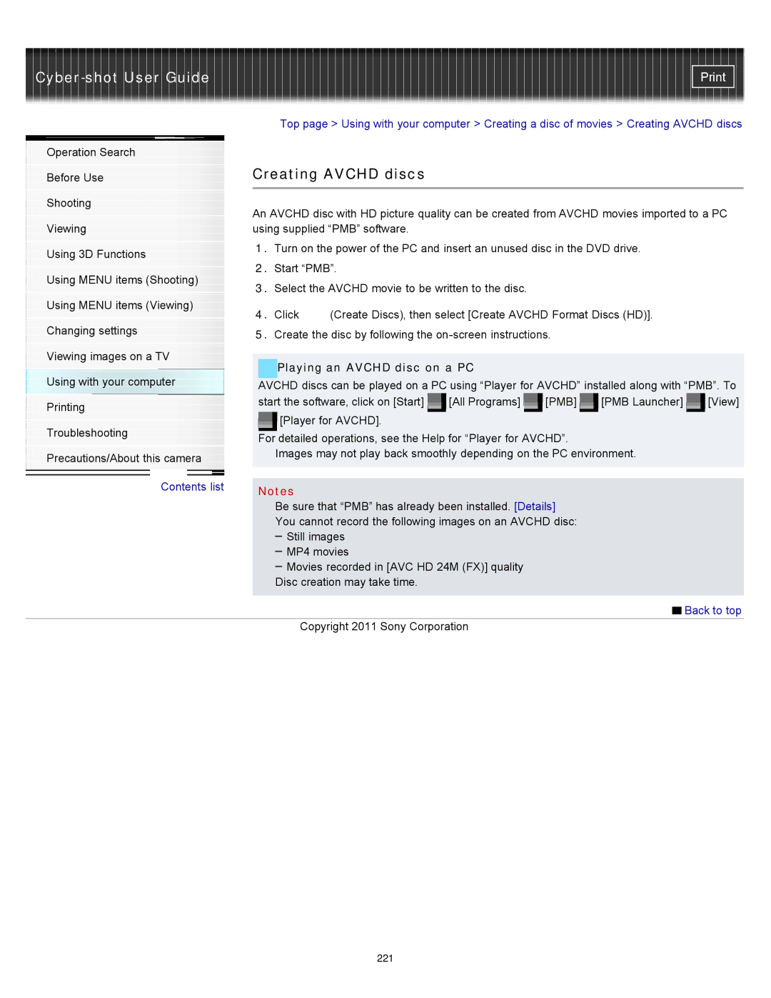 Sony DSC-WX10 manual Creating Avchd discs, Playing an Avchd disc on a PC 