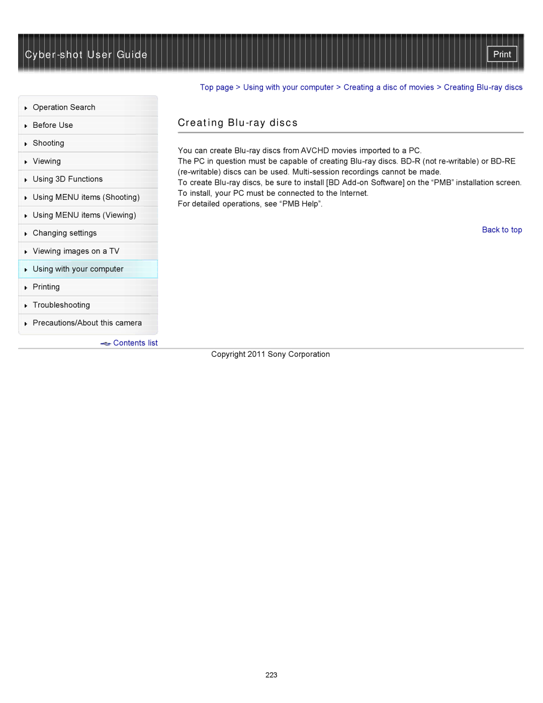 Sony DSC-WX10 manual Creating Blu-ray discs 