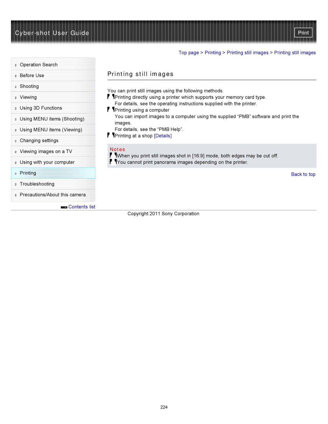 Sony DSC-WX10 manual Printing still images 