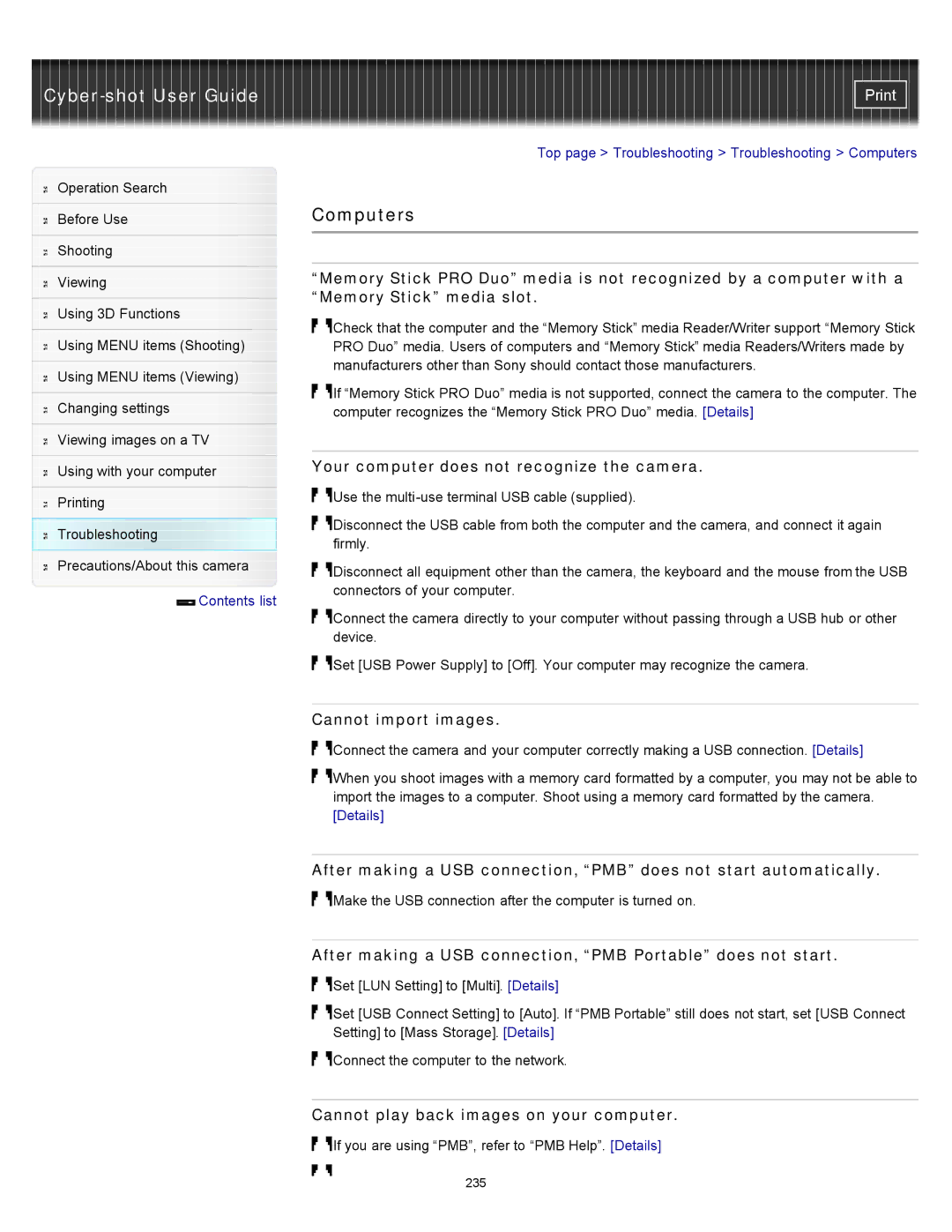 Sony DSC-WX10 manual Computers, Your computer does not recognize the camera, Cannot import images 