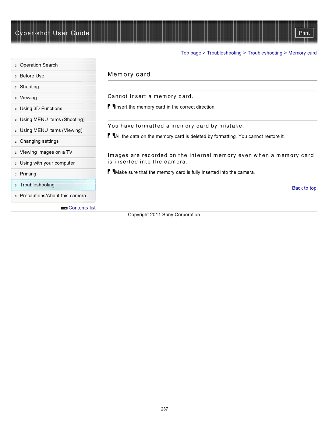 Sony DSC-WX10 manual Memory card, Cannot insert a memory card, You have formatted a memory card by mistake 