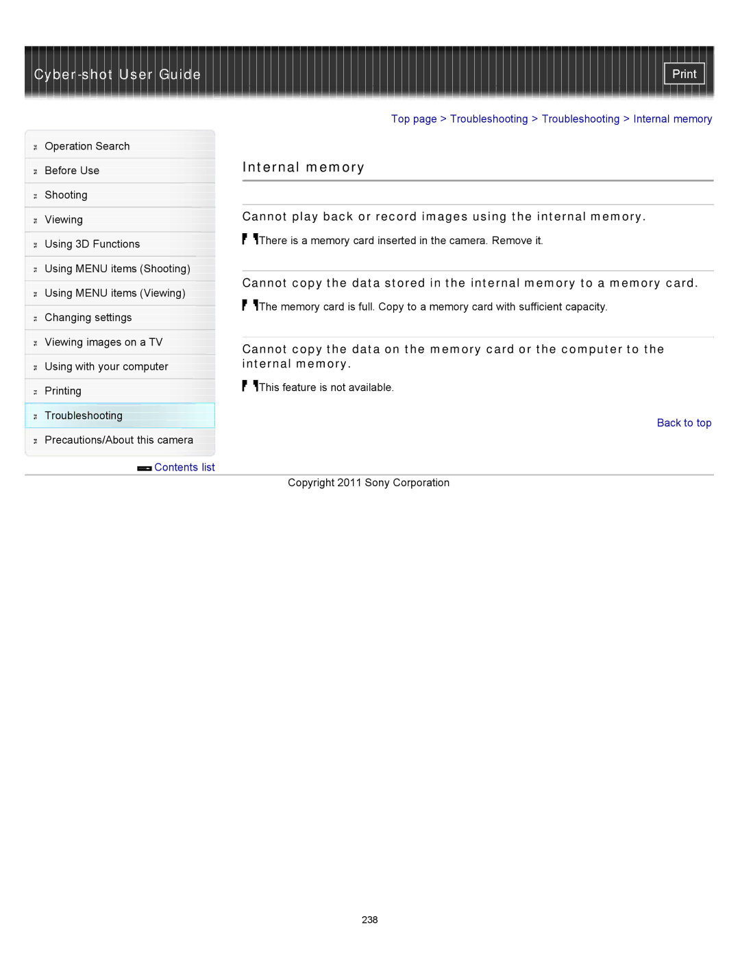 Sony DSC-WX10 manual Internal memory, Cannot play back or record images using the internal memory 