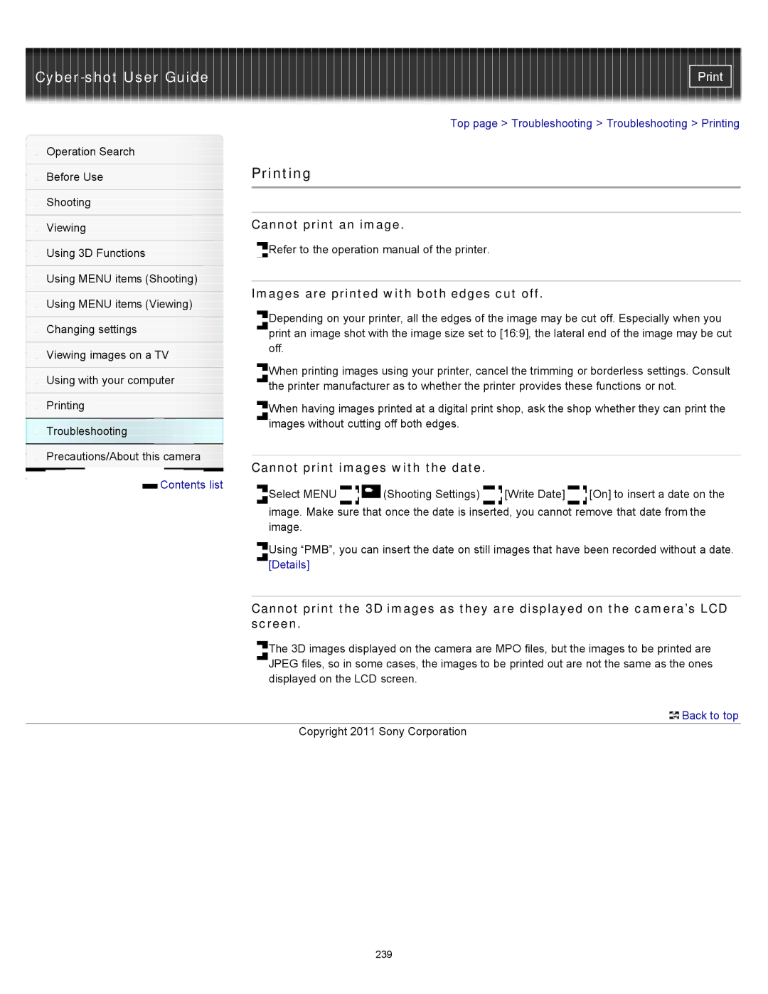 Sony DSC-WX10 manual Printing, Cannot print images with the date 