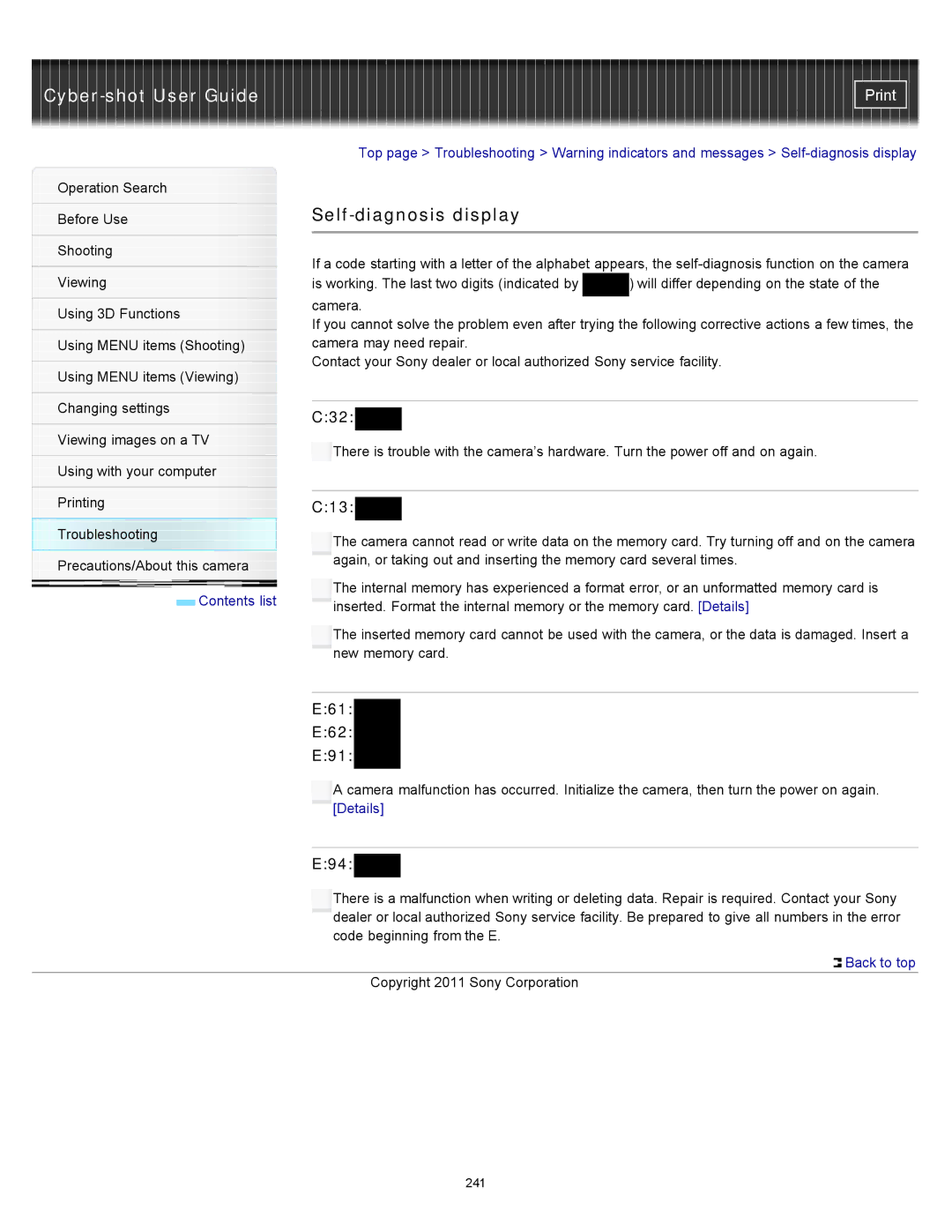 Sony DSC-WX10 manual Self-diagnosis display, C32, C13, E61 E62 E91, E94 