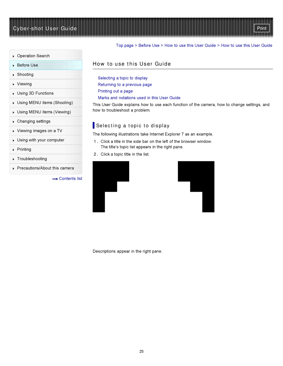 Sony DSC-WX10 manual How to use this User Guide, Selecting a topic to display 